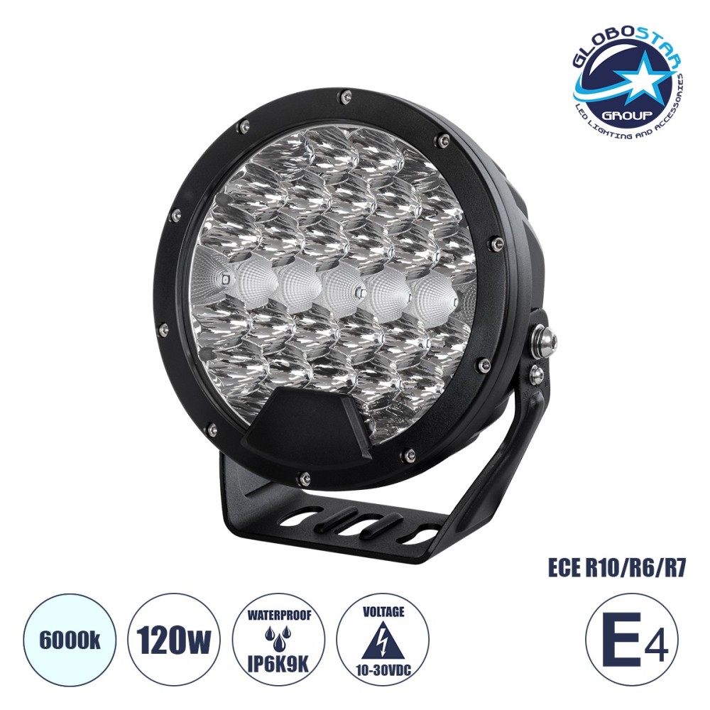 GloboStar® 85338 E4 Mark Vehicle & JEEP Work Lights - Φώτα Εργασίας για Οχήματα και JEEP LED High Power 120W DC 10-30V Αδιάβροχo IP6K9K Ψυχρό Λευκό 6000K M18 x Π7 x Υ19cm